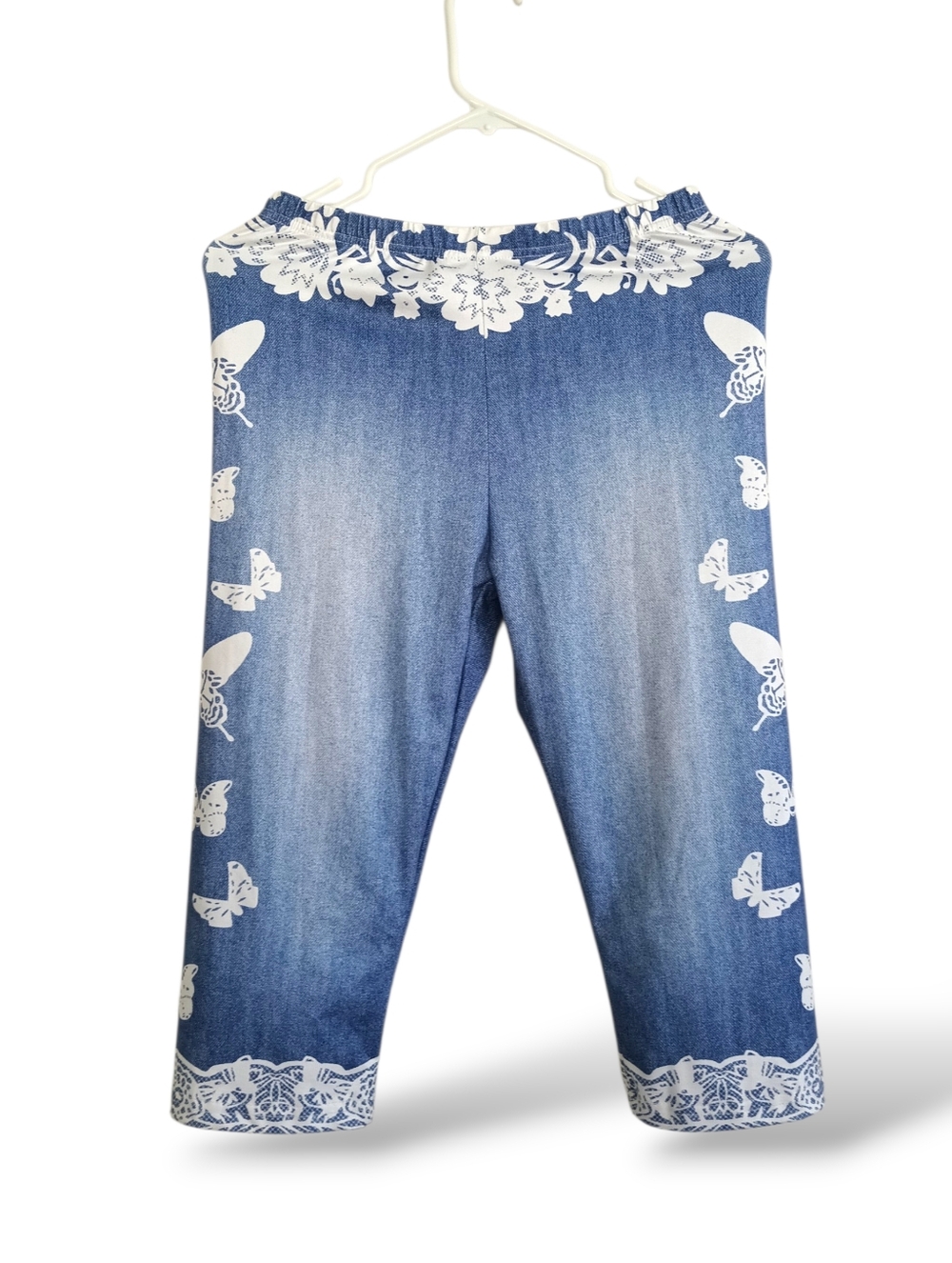 Blue Floral Butterfly Capri Leggings Denim Print Faux Crochet Boho Stretch Comfy